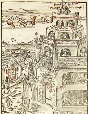 Nicostrata introducing
 a student to the tower of learning, from: Gregor Reisch. Margarita 
philosophica. Freiburg: Johann. Schott, 1503. 